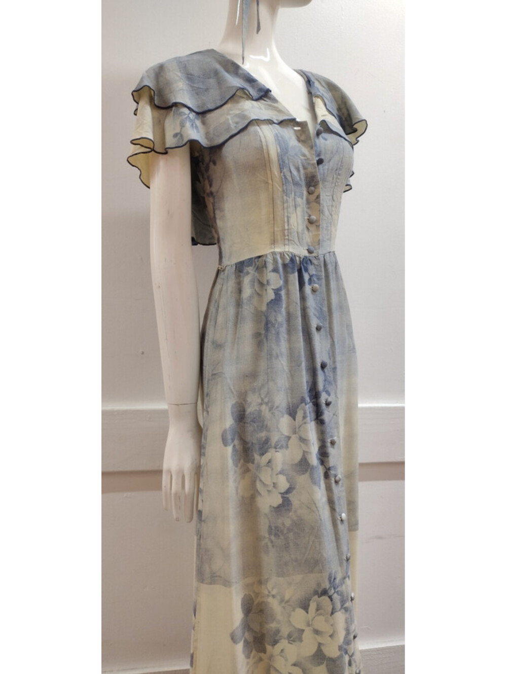 Hang Ten Rare 1970s Maxi Blue Dress XS Bohemian Hippie Photographic Floral Rayon